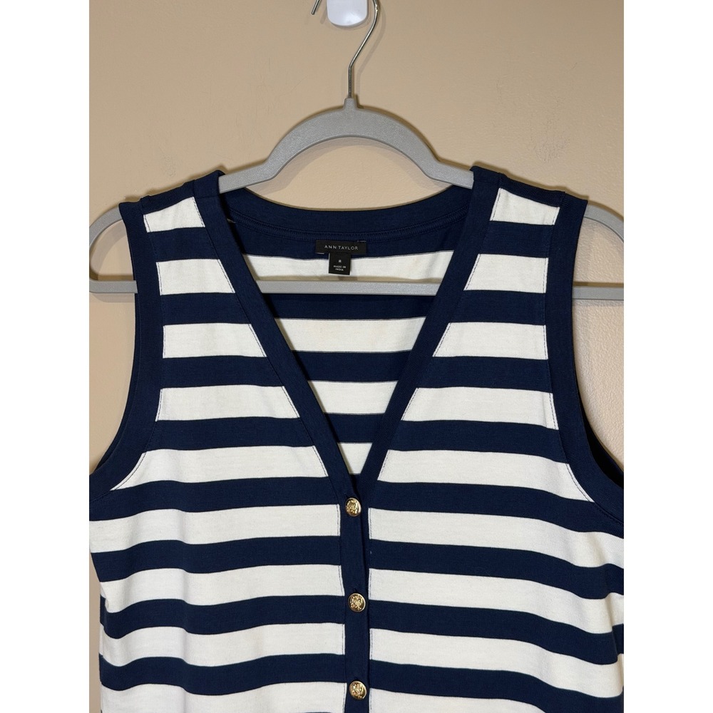 Ann Taylor Navy and White Striped V-Neck Sleeveless Button Cardigan - Picture 4 of 6